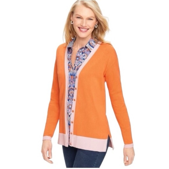 TALBOTS  Cotton ColorBlock Girlfriend Orange Button-up Knit Cardigan Sweater XS - Picture 1 of 8